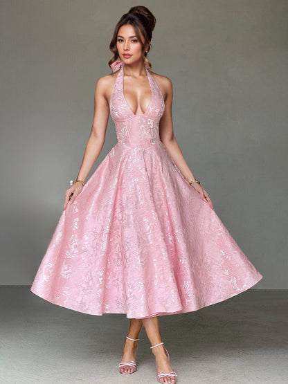 Soft Pink Floral Midi Dress Halter Summer A-line Vintage Dress For Women 2026