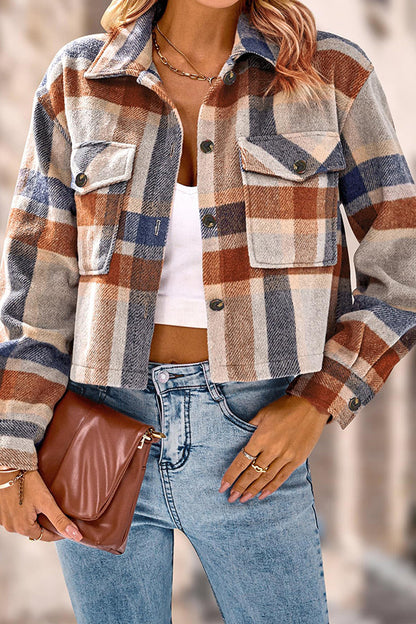 Lapel Pocket Fashion Casual Cropped Ladies Plaid Jacket