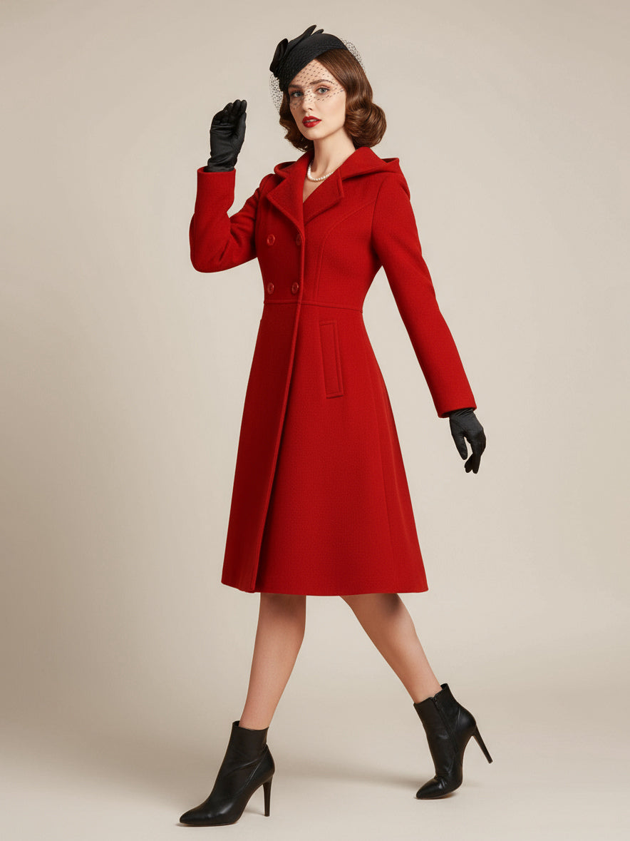 Vintage Hooded A-line Double-breasted Woolen Midi Coat For Women 2026