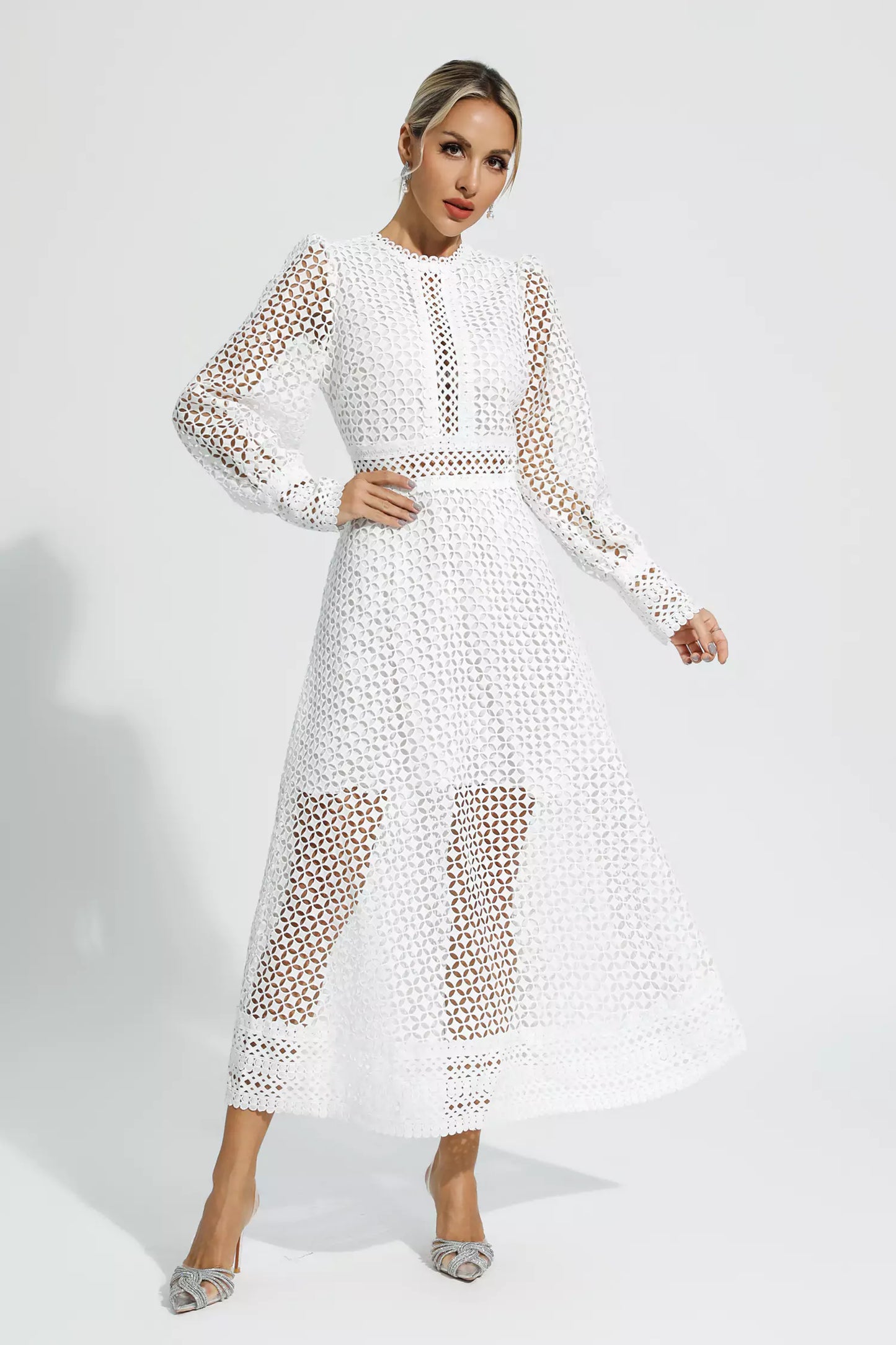 Monroe White Hollow Long Sleeve Maxi Dress