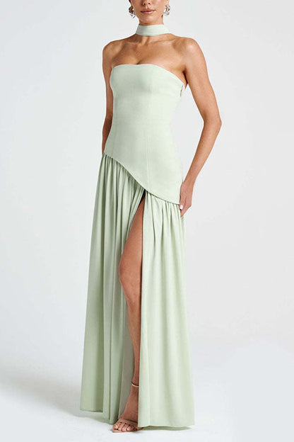 consonak Strapless Back Lace-up High Slit Splice Maxi Dress