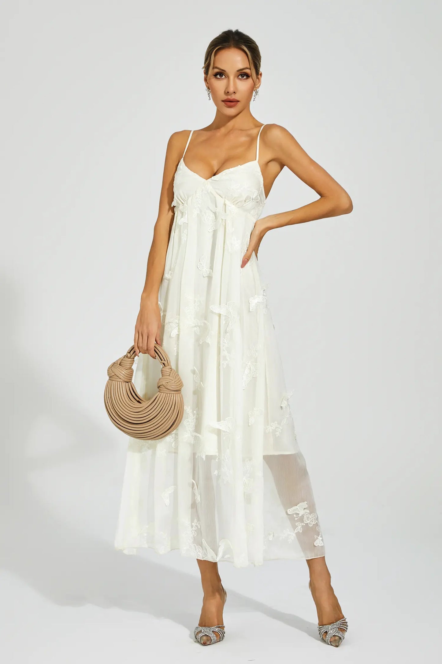Araceli White Butterfly Embroidery Slip Dress