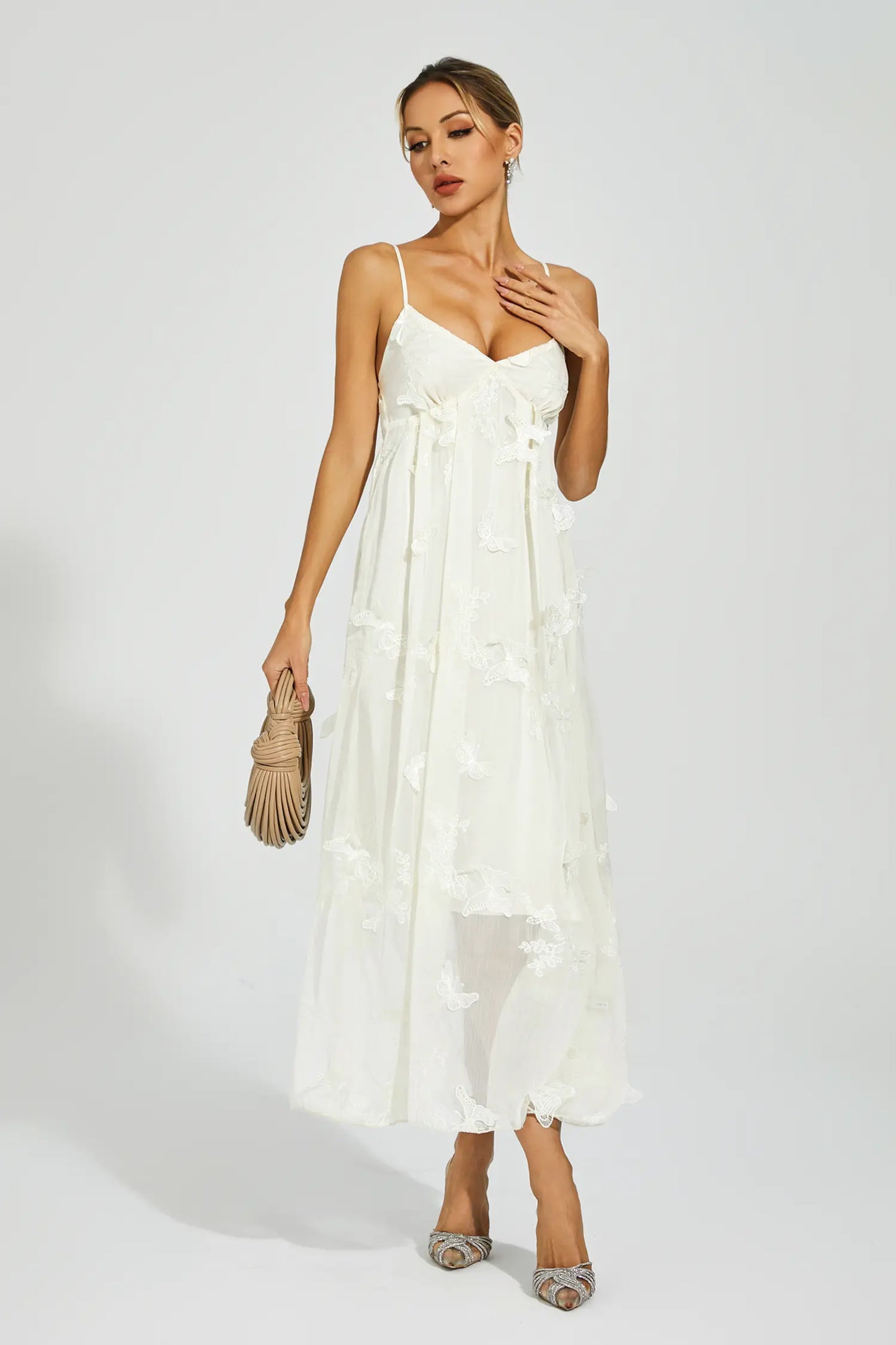 Araceli White Butterfly Embroidery Slip Dress