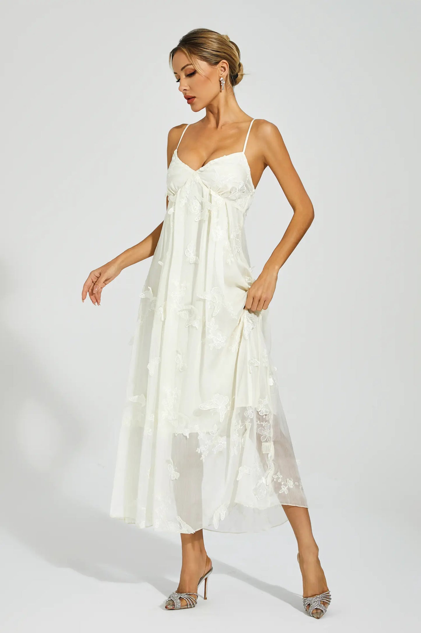 Araceli White Butterfly Embroidery Slip Dress