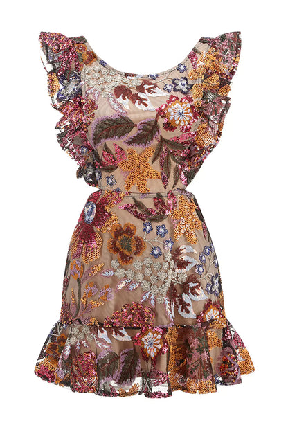 Sarai Brown Ruffle Floral Cutout Mini Dress