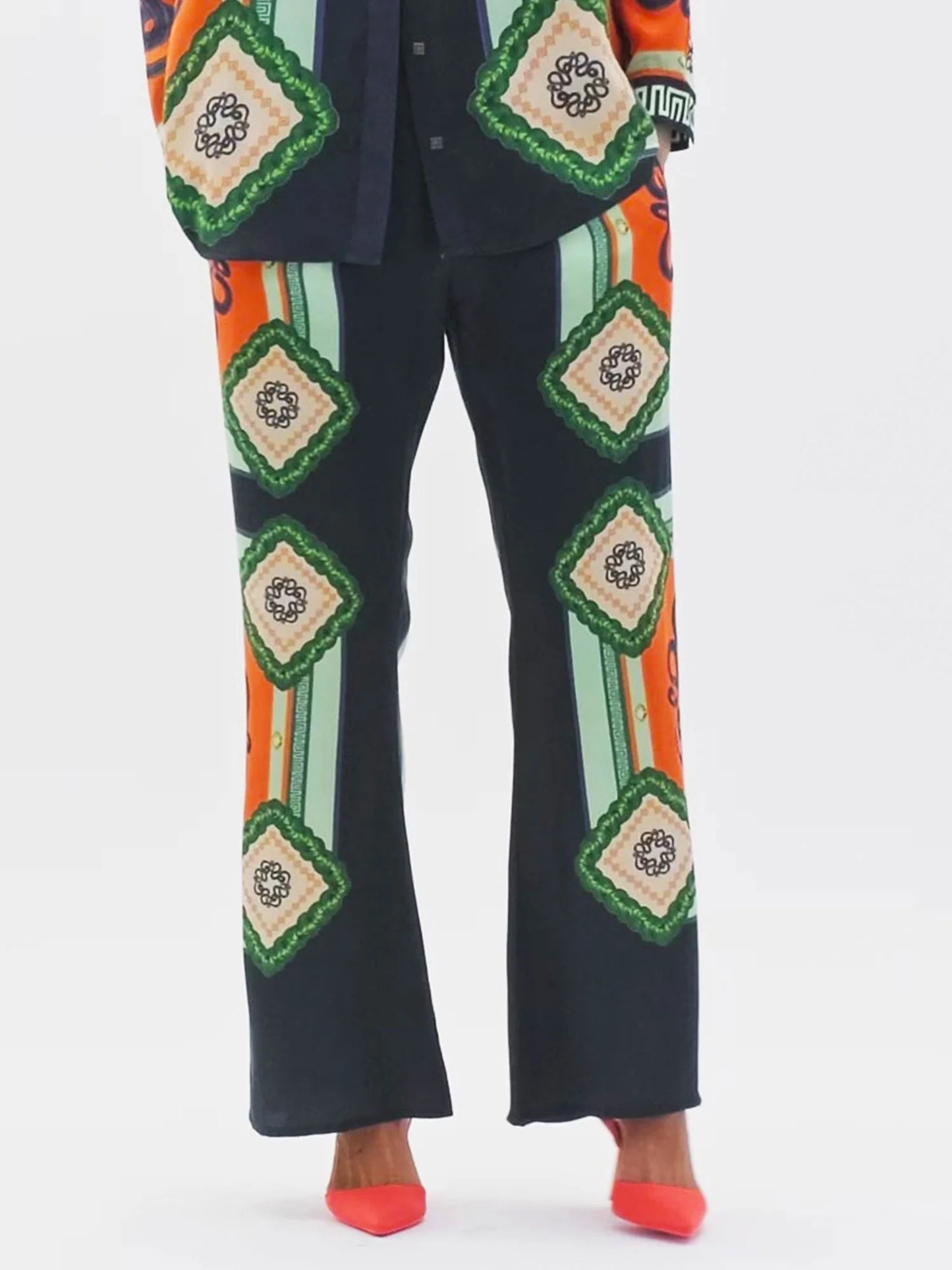 Vacation Times Satin Unique Print Elastic Waist Pocketed Wide Leg Pants