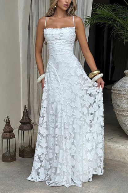 Spaghetti Strap Backless Lace-up Jacquard Maxi Dress