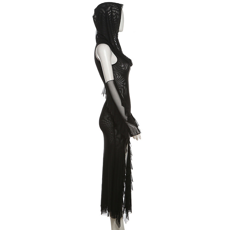 Sleeveless solid mesh slit gloves hoodie midi dress