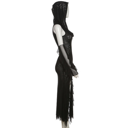 Sleeveless solid mesh slit gloves hoodie midi dress