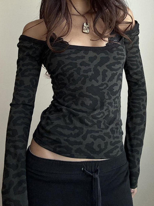 Black Lace Leopard Print Fake Two Piece Tee