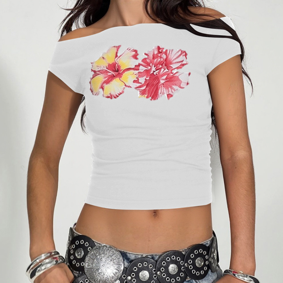 Off shoulder ruched flower pattern top