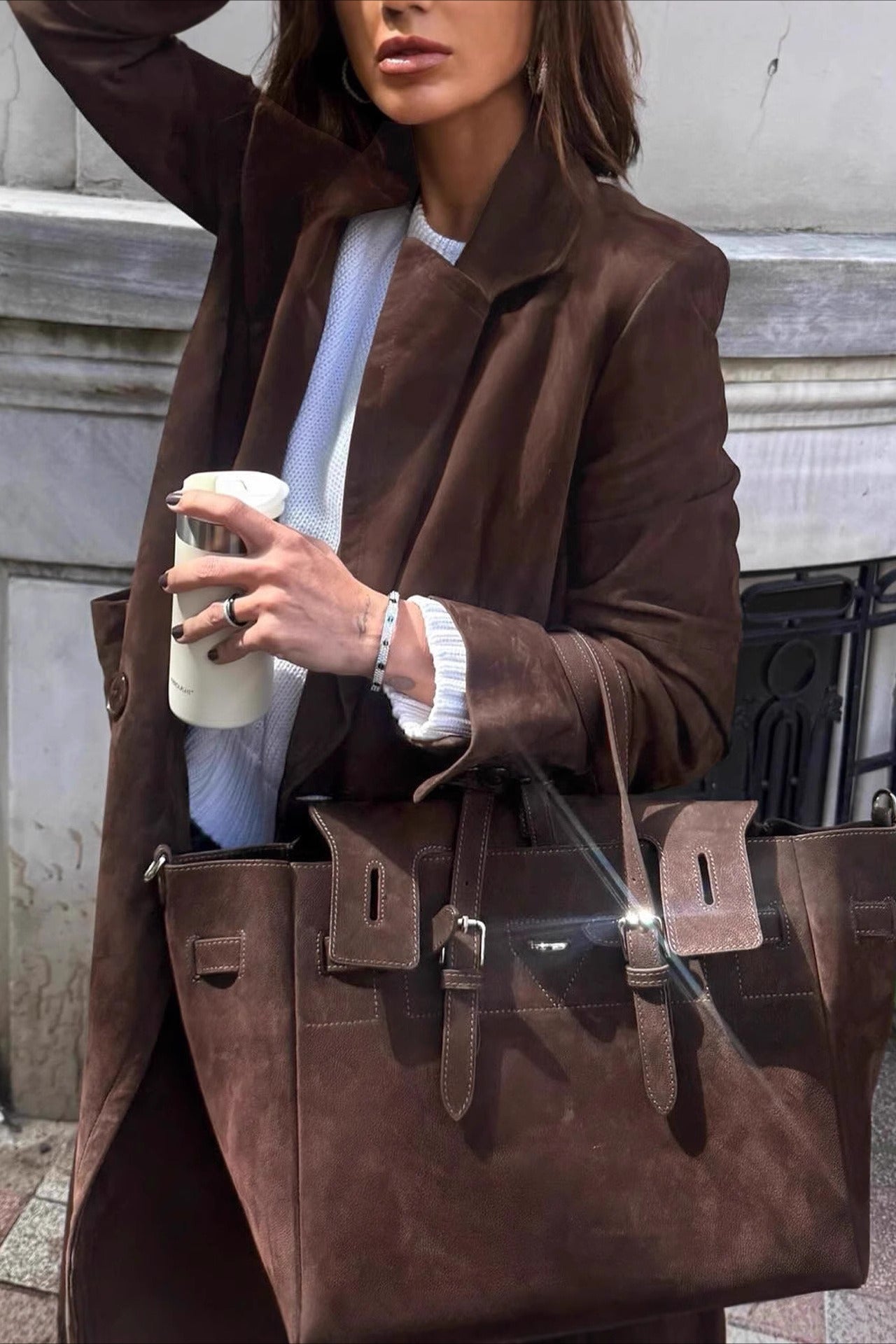 Retro Brown Belted Waist-Tie Long Overcoat