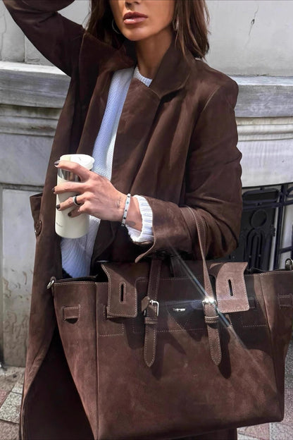 Retro Brown Belted Waist-Tie Long Overcoat