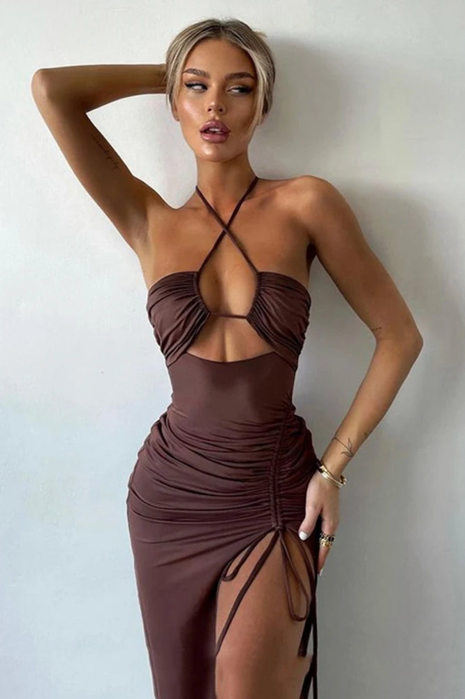 Halter Crossover Cutout Midriff Ruched Drawstring Side Slit Bodycon Midi Dress