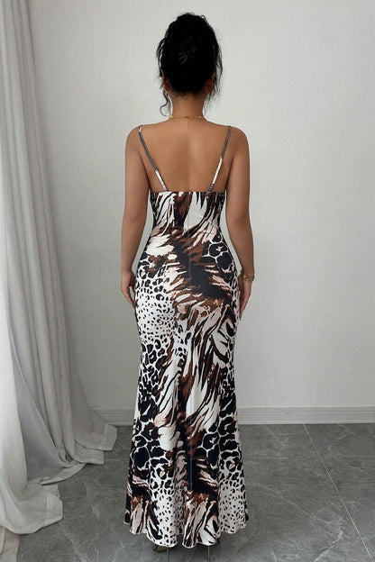 Slim Fit Leopard Backless Slip Maxi Dress