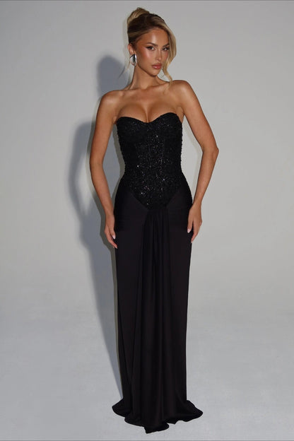 Ribbon Strapless Corset Maxi Evening Prom Dress