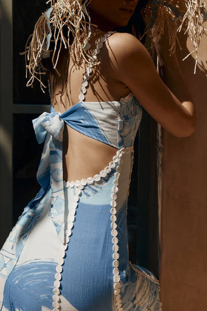 Unique Print Back Tie-up Slip Flared Maxi Dress