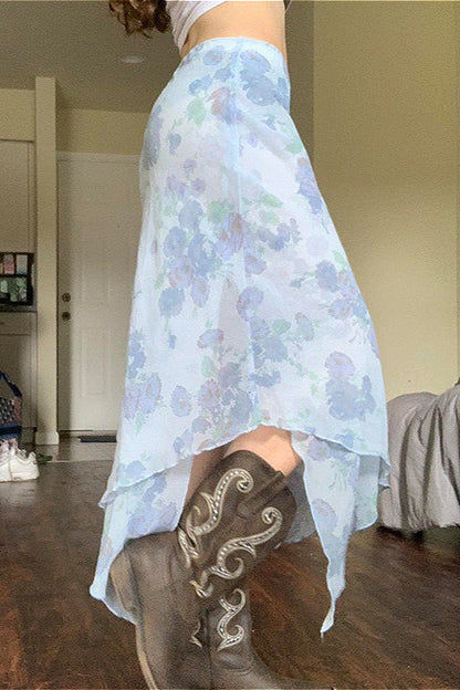 Floral Mesh Asymmetrical Slimming Skirt