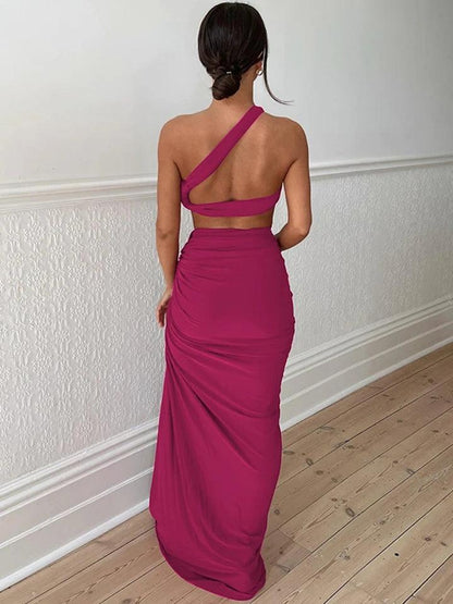 One Shoulder Backless Crop Top & High Slit Skirt Coord Set