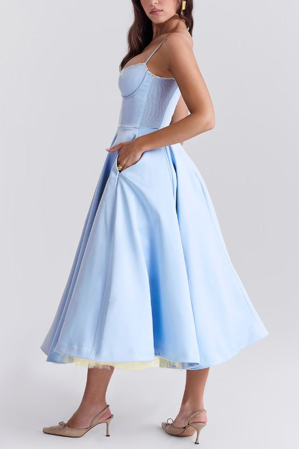 Lace Trim Sweetheart Corset Bodice Tulle Petticoat Fit and Flare Midi Dress