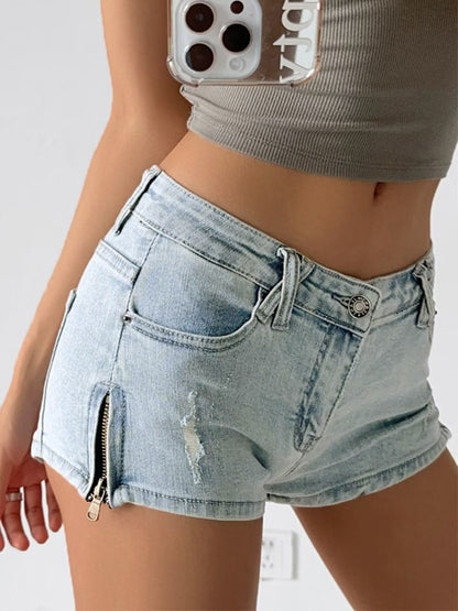 Low Waist Zipper Slit Denim Shorts