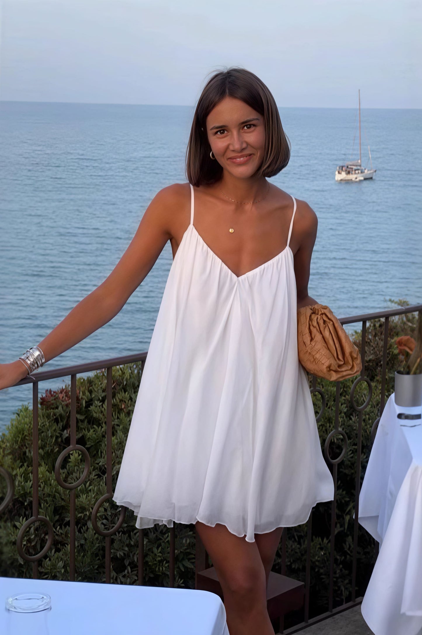 Pleated Spaghetti Strap Deep V-Neck Flowy Babydoll Mini Dress