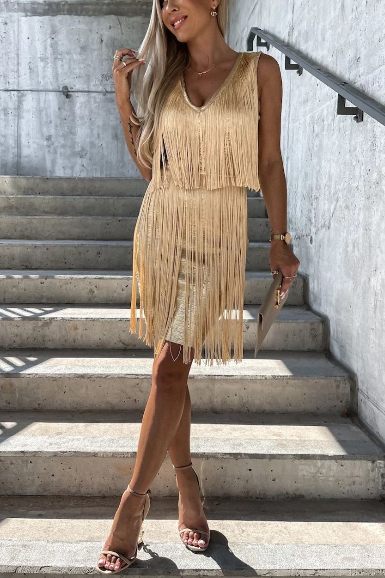 V-neck tassel sleeveless mini dress