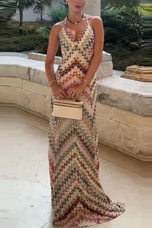 Chevron Print Halter Deep V-Neck Sleeveless Maxi Dress
