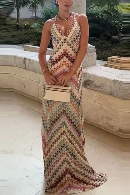 Chevron Print Halter Deep V-Neck Sleeveless Maxi Dress