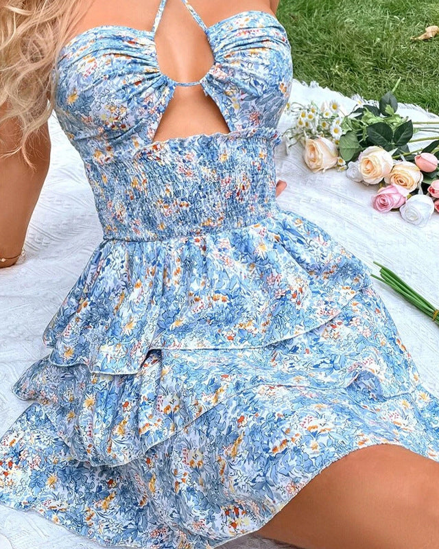 Floral Print Strapless Lace-up Cutout Mini Dress