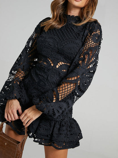 Lantern-style Long-sleeved, Fitted A-line Dress With Ruffled Hem And Water-soluble Lace.