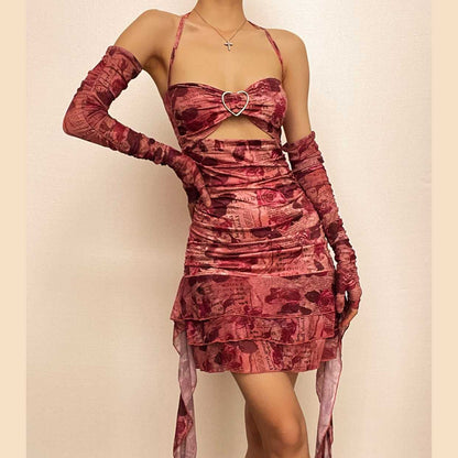Newspaper Floral Print Halter Heart Buckle Cutout Ruched Ruffle Mini Dress