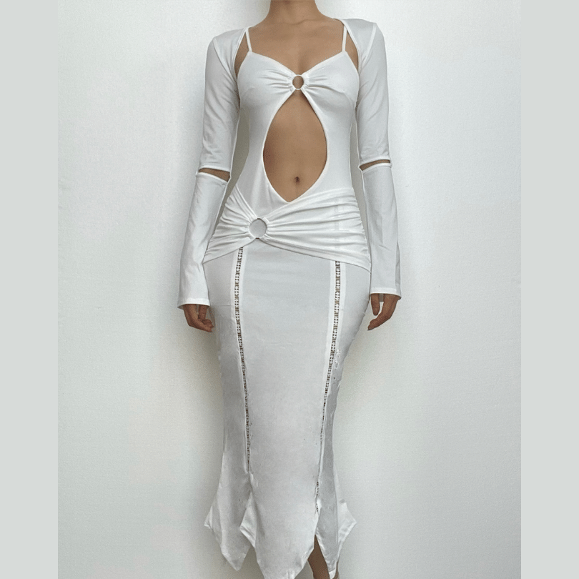 Long Sleeve O Ring Cutout Ruched Shrug Cami Midi Dress