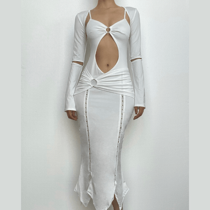 Long Sleeve O Ring Cutout Ruched Shrug Cami Midi Dress