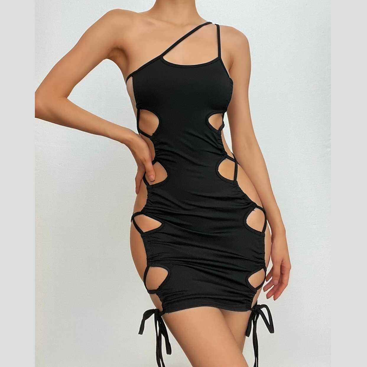 One Shoulder Asymmetric Strap Oval Side Cutout Lace Up Drawstring Mini Dress