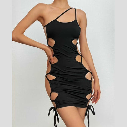 One Shoulder Asymmetric Strap Oval Side Cutout Lace Up Drawstring Mini Dress