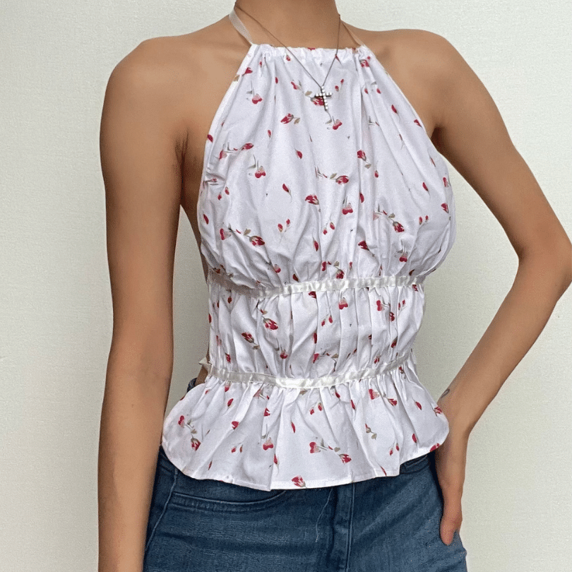 Flower print contrast ruched backless self tie halter top