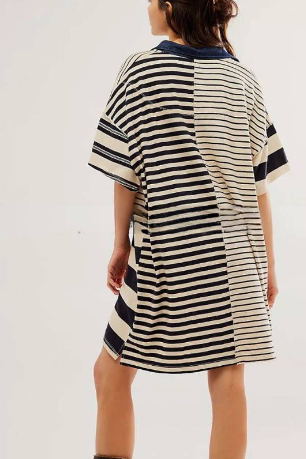 Mid-length Sleeve Lapel Contrast Striped Loose Casual Dress
