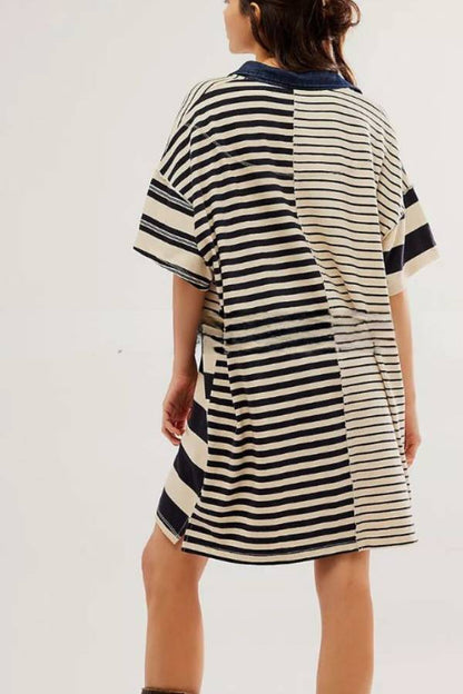 Mid-length Sleeve Lapel Contrast Striped Loose Casual Dress