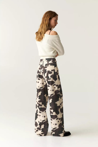 Vintage Cow Print Casual Jeans