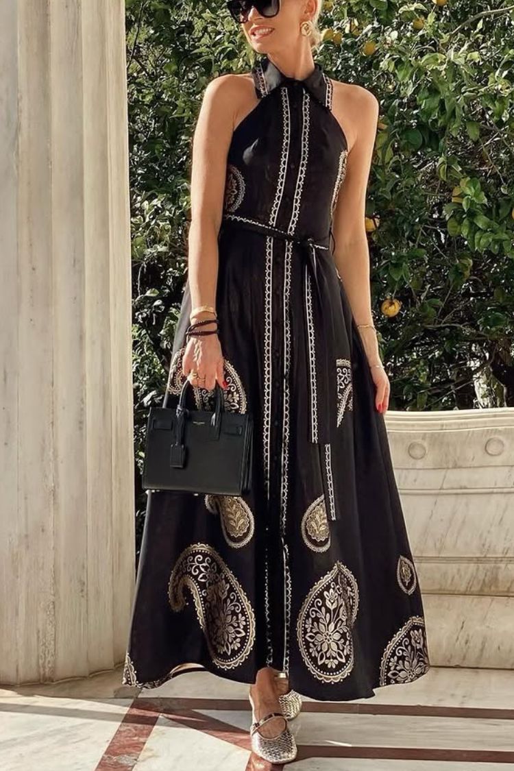 Vacation Calls Unique Print Shirt Neck Sleeveless Tie-up Pocketed Maxi Dress