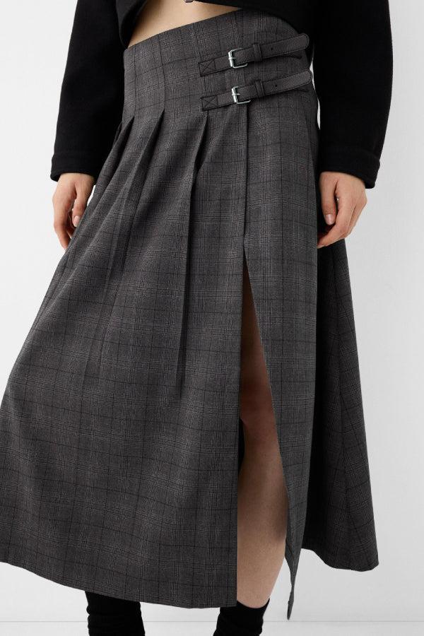 Box Pleat Midi Skirt with A Belt Detail