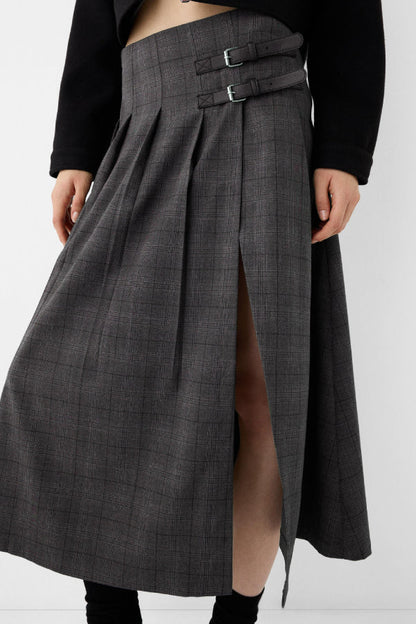 Box Pleat Midi Skirt with A Belt Detail