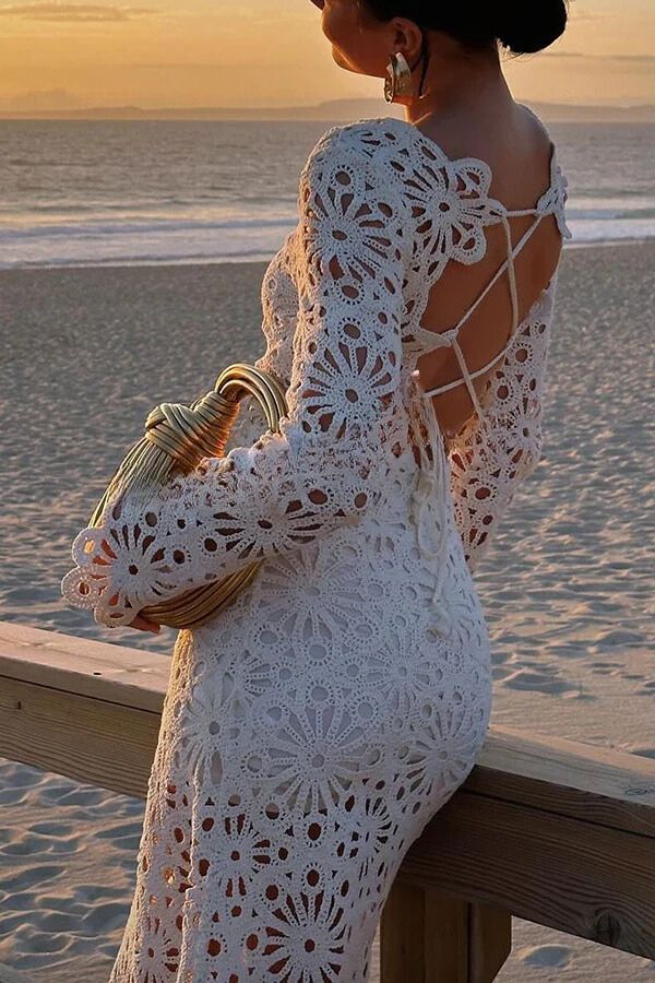 Forever Sunsets Crochet Back Lace-up Coverup Maxi Dress