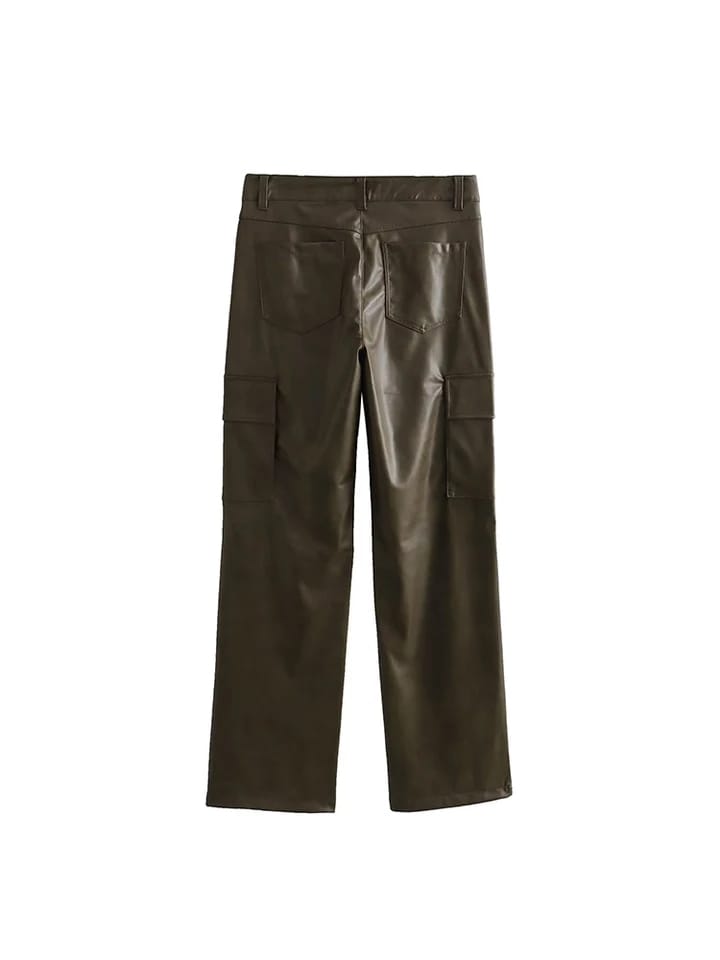 PU Leather Cargo Olive Green Pants