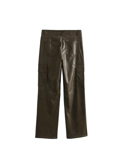 PU Leather Cargo Olive Green Pants