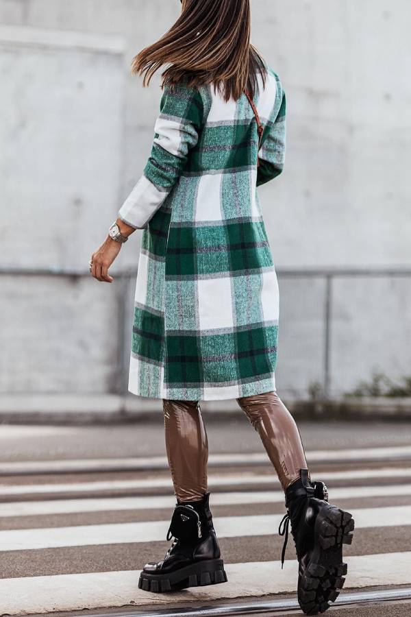 Women's Mid Length Double Breasted Plaid Print Woolen Coat