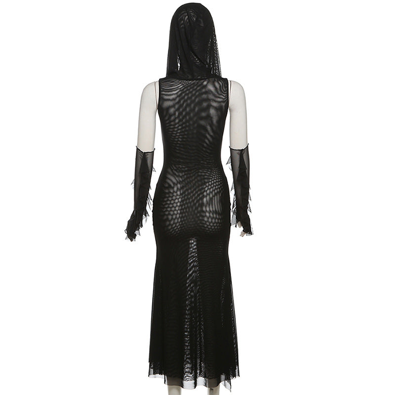 Sleeveless solid mesh slit gloves hoodie midi dress