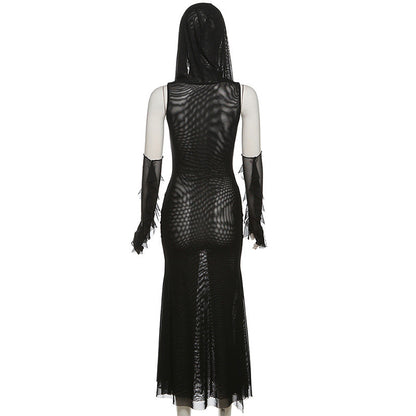 Sleeveless solid mesh slit gloves hoodie midi dress