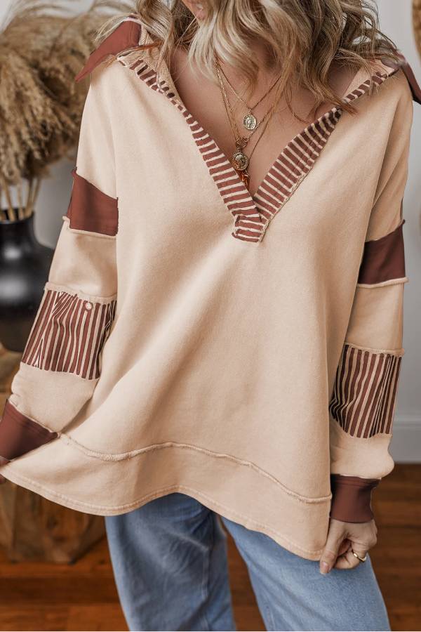 Light French Beige Striped Patchwork Collar Sweatshirt